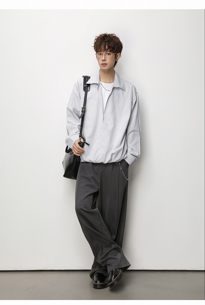 メンズ ストライプ フェイクレイヤード 長袖シャツ 春用 ショート丈 ワイドトップス アウター★全2色