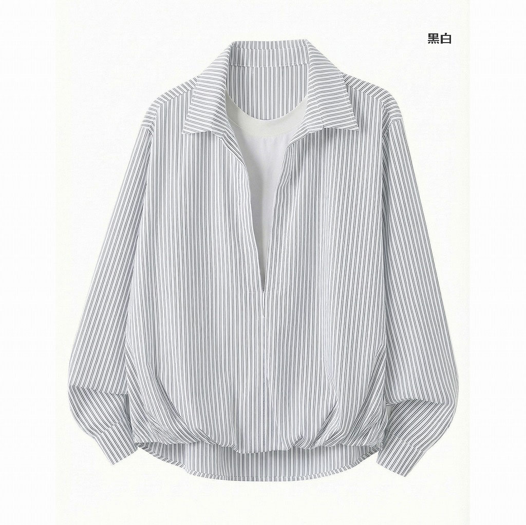 メンズ ストライプ フェイクレイヤード 長袖シャツ 春用 ショート丈 ワイドトップス アウター★全2色