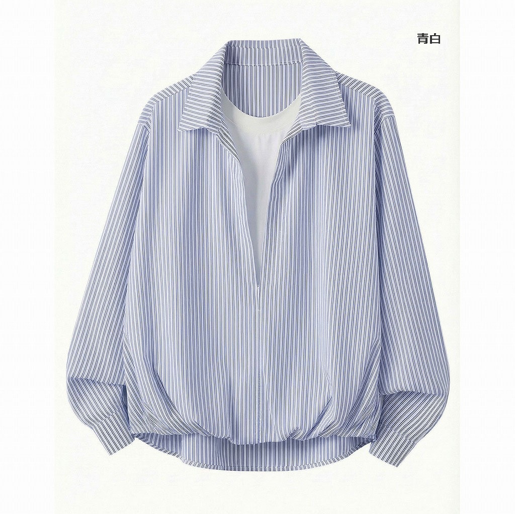メンズ ストライプ フェイクレイヤード 長袖シャツ 春用 ショート丈 ワイドトップス アウター★全2色