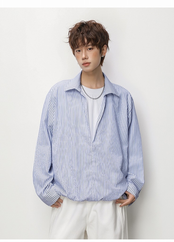 メンズ ストライプ フェイクレイヤード 長袖シャツ 春用 ショート丈 ワイドトップス アウター★全2色