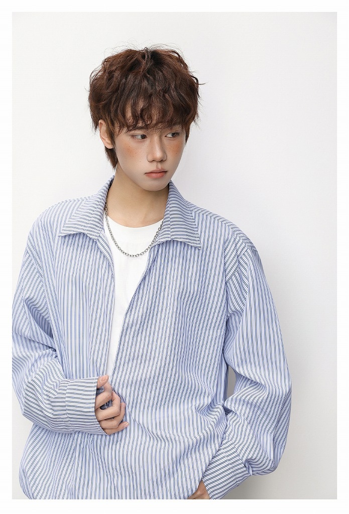 メンズ ストライプ フェイクレイヤード 長袖シャツ 春用 ショート丈 ワイドトップス アウター★全2色