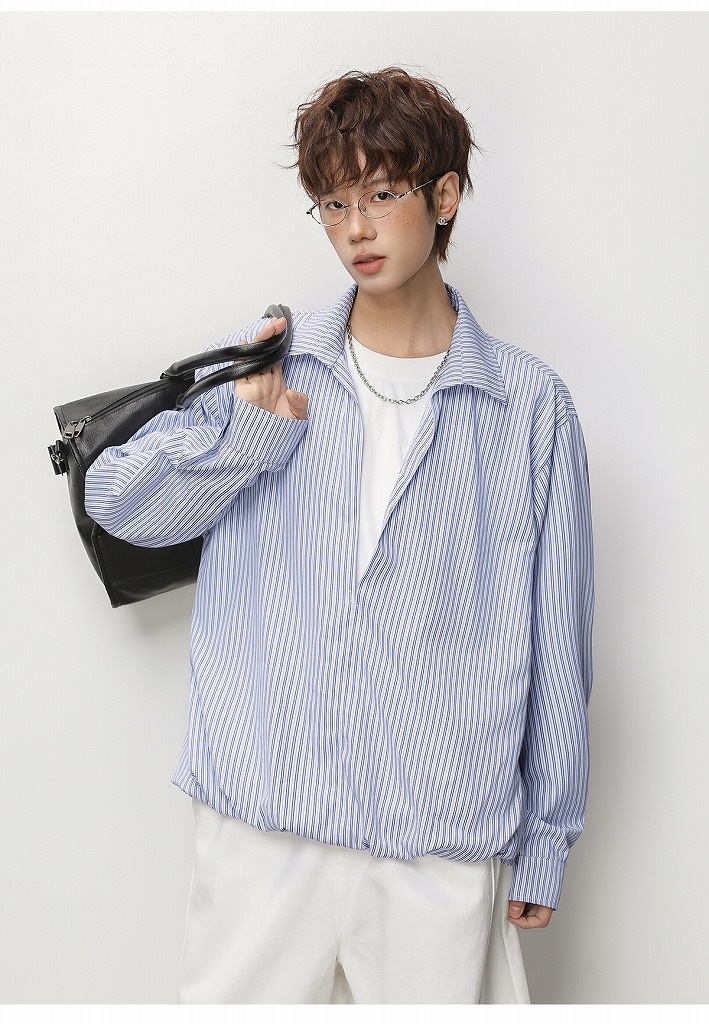 メンズ ストライプ フェイクレイヤード 長袖シャツ 春用 ショート丈 ワイドトップス アウター★全2色