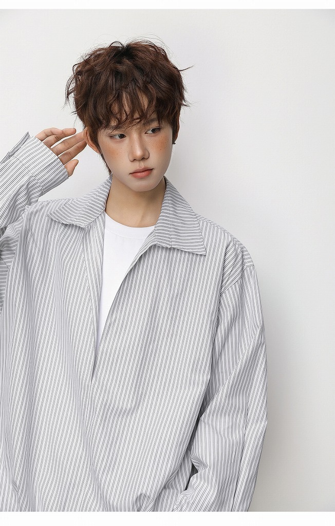 メンズ ストライプ フェイクレイヤード 長袖シャツ 春用 ショート丈 ワイドトップス アウター★全2色