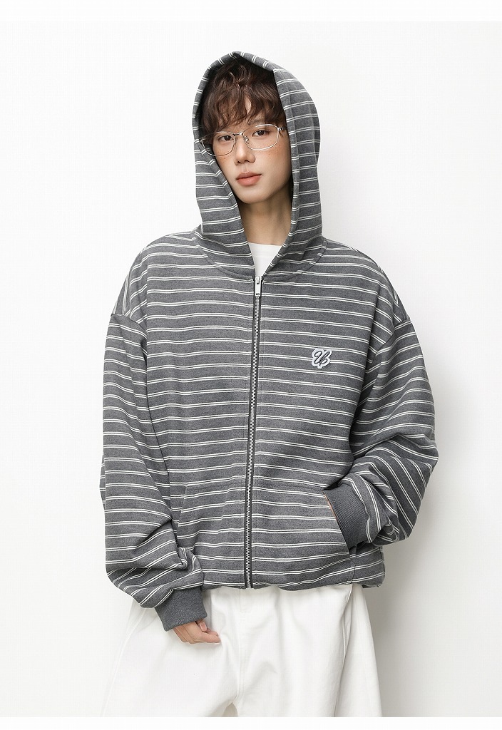 メンズ ストライプ ジップアップパーカー 春 刺繍入り ショート丈 ワイド カジュアル アウター★全3色