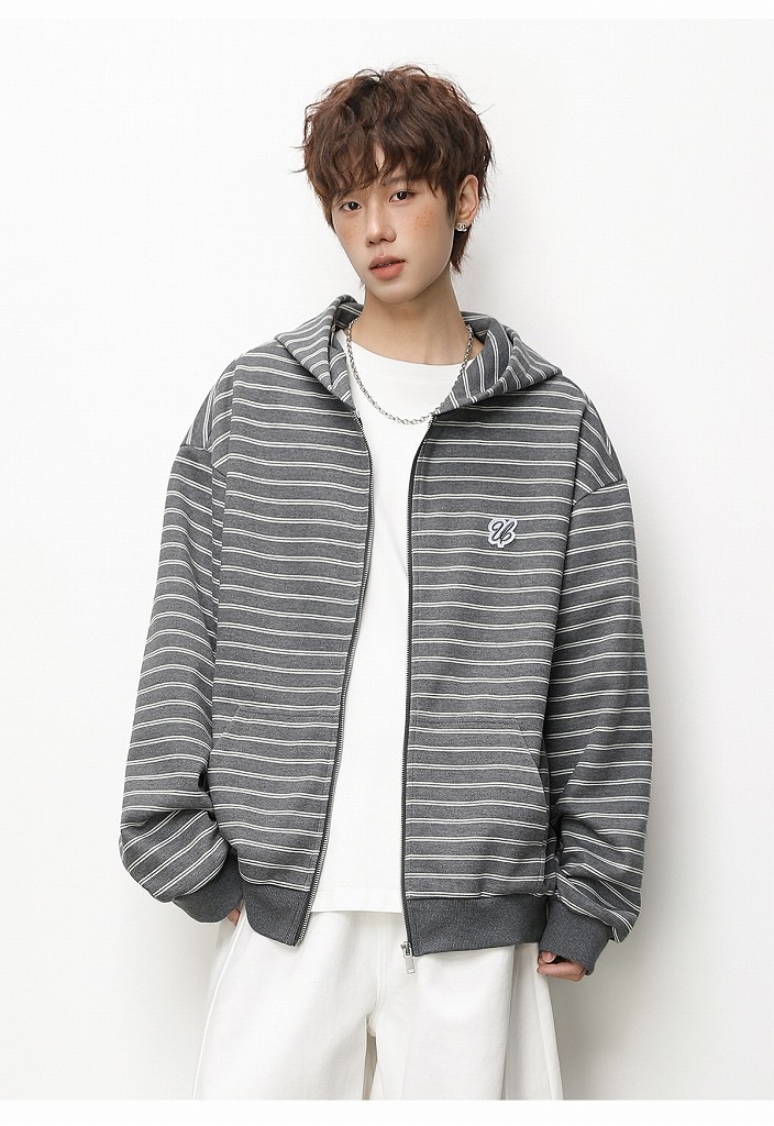 メンズ ストライプ ジップアップパーカー 春 刺繍入り ショート丈 ワイド カジュアル アウター★全3色