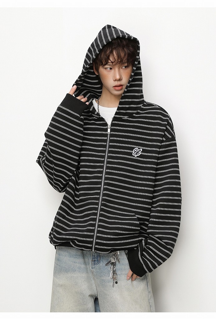メンズ ストライプ ジップアップパーカー 春 刺繍入り ショート丈 ワイド カジュアル アウター★全3色