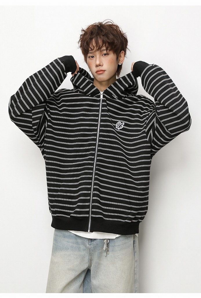 メンズ ストライプ ジップアップパーカー 春 刺繍入り ショート丈 ワイド カジュアル アウター★全3色