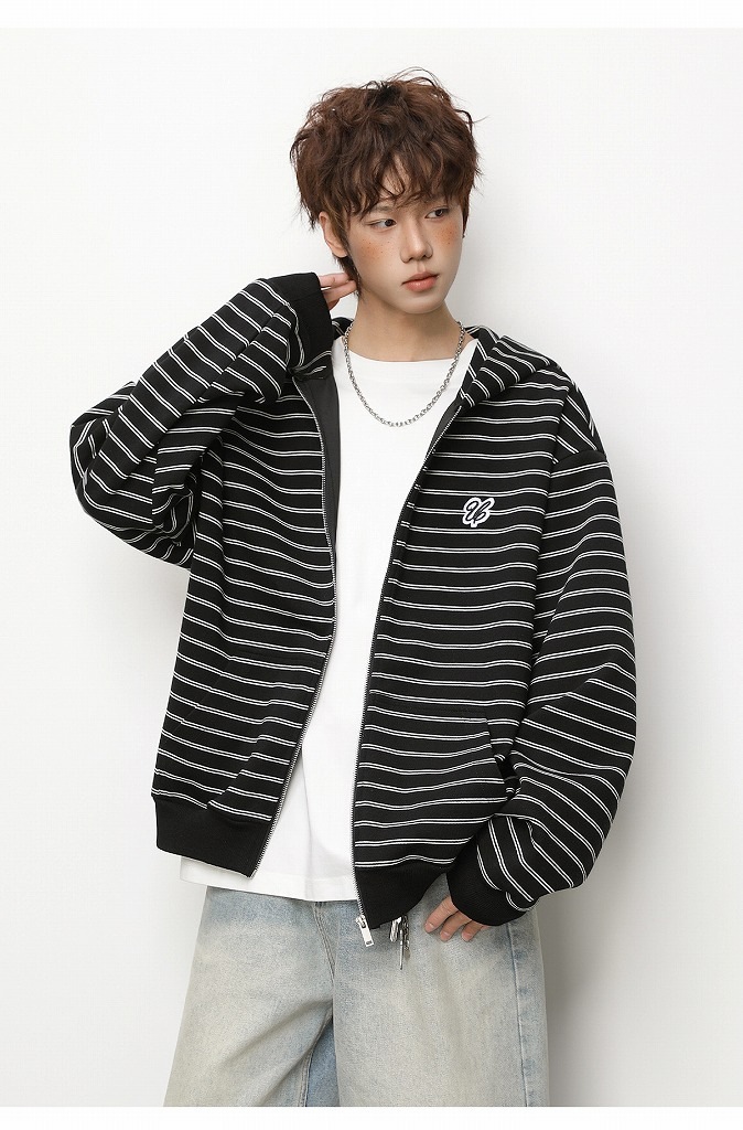 メンズ ストライプ ジップアップパーカー 春 刺繍入り ショート丈 ワイド カジュアル アウター★全3色