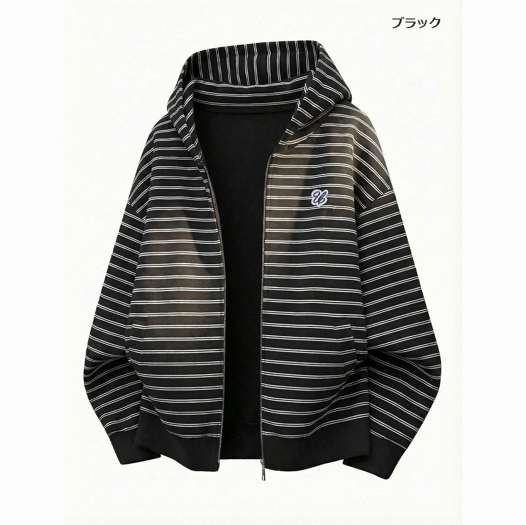 メンズ ストライプ ジップアップパーカー 春 刺繍入り ショート丈 ワイド カジュアル アウター★全3色