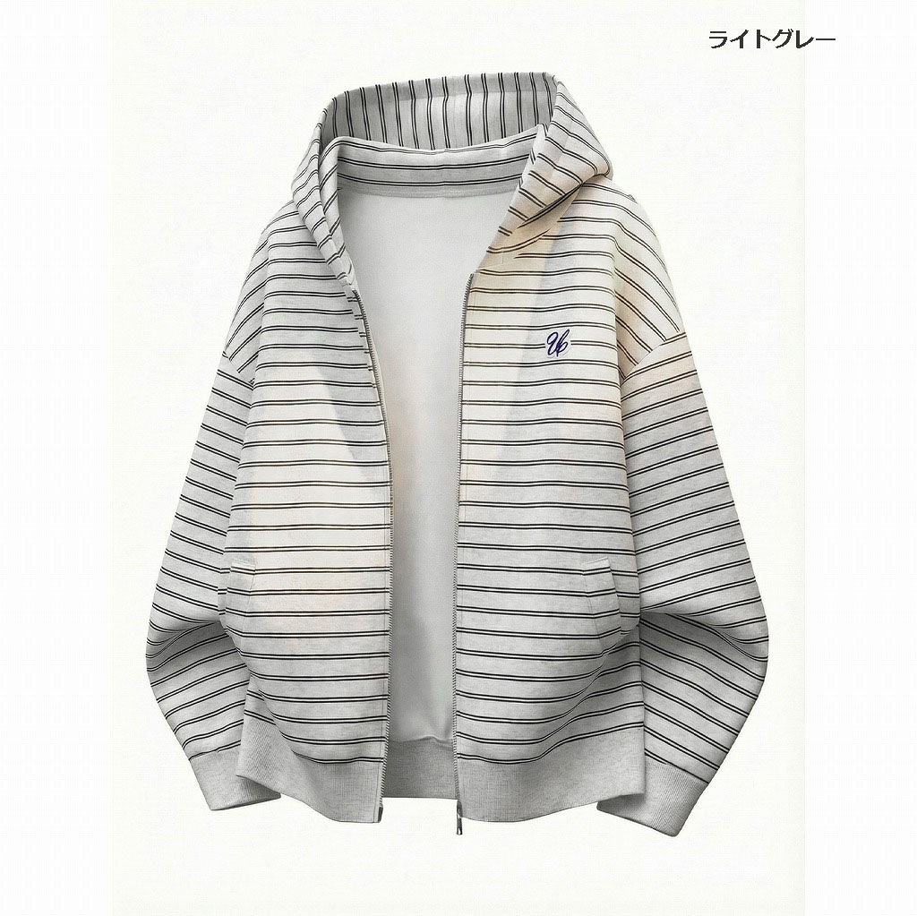 メンズ ストライプ ジップアップパーカー 春 刺繍入り ショート丈 ワイド カジュアル アウター★全3色