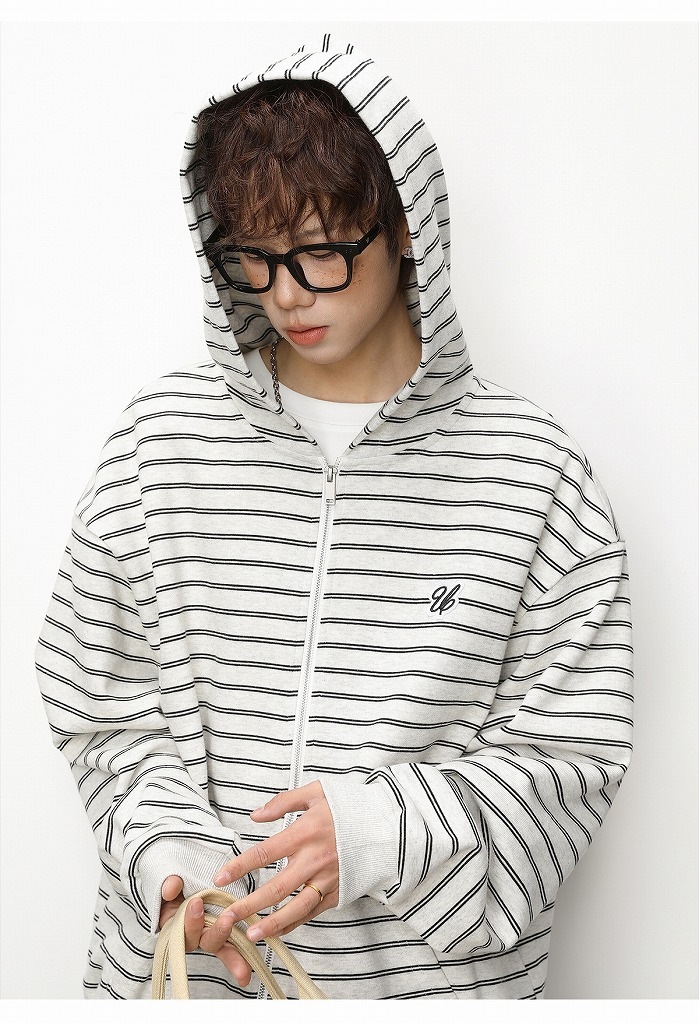 メンズ ストライプ ジップアップパーカー 春 刺繍入り ショート丈 ワイド カジュアル アウター★全3色