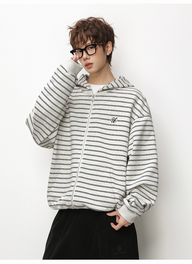 メンズ ストライプ ジップアップパーカー 春 刺繍入り ショート丈 ワイド カジュアル アウター★全3色