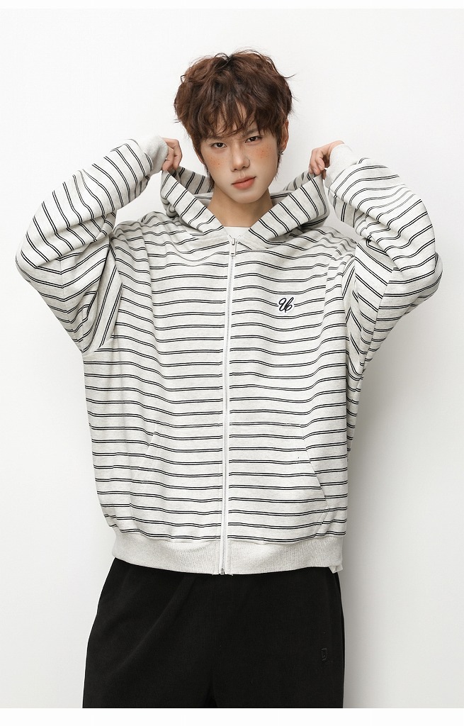 メンズ ストライプ ジップアップパーカー 春 刺繍入り ショート丈 ワイド カジュアル アウター★全3色