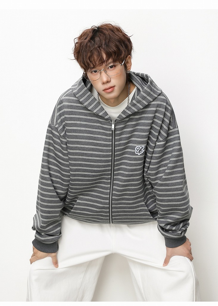 メンズ ストライプ ジップアップパーカー 春 刺繍入り ショート丈 ワイド カジュアル アウター★全3色