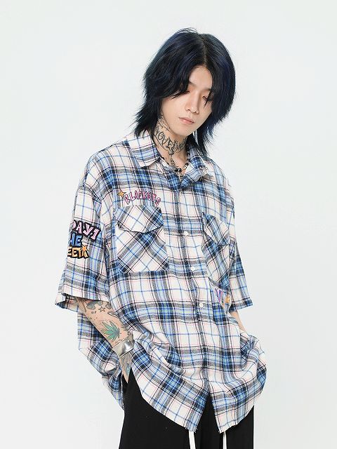 メンズ 刺繍入り チェック柄 半袖シャツ 男女兼用 サマー