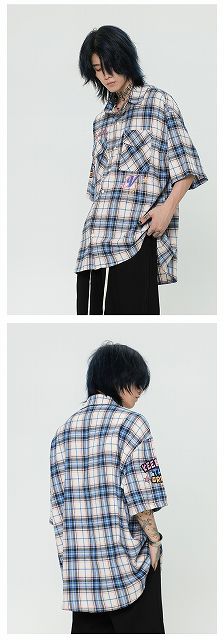 お値下げ可能!新品45r水色と白のチェック柄 半袖シャツ メンズ 刺繍入り チェック柄 半袖シャツ 男女兼用 サマー