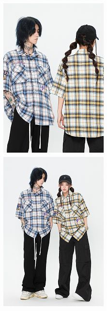 ACRARDIC ストリート チェック zip 半袖 シャツ 男女兼用 000000002503_Amw9XfS.jpg