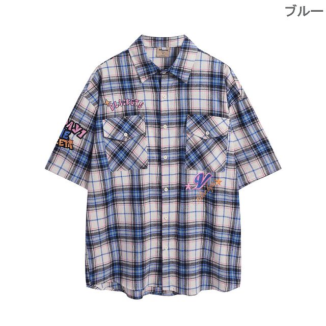 CORDIER 水色 チェック柄 半袖シャツタグ付き メンズ 刺繍入り チェック柄 半袖シャツ 男女兼用 サマー