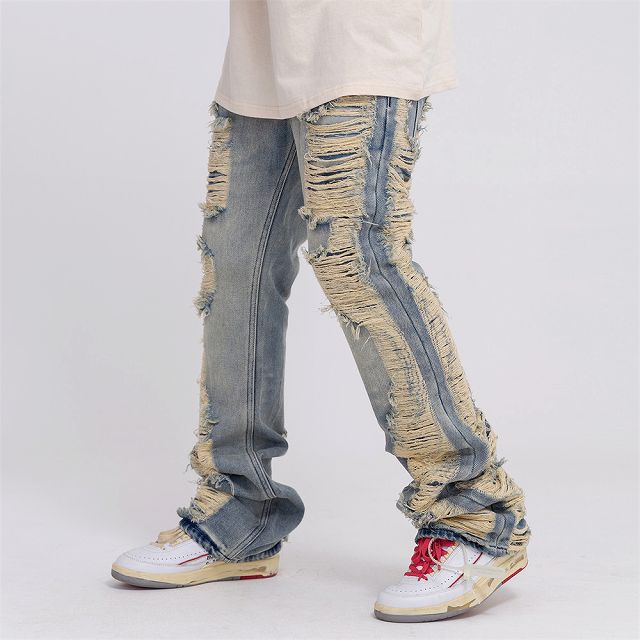 ジーパン メンズ レトロ ダメージ加工デニム 重ねデザイン 2色 メンズ ダメージ加工 デニムパンツ 男女兼用 ストリート系