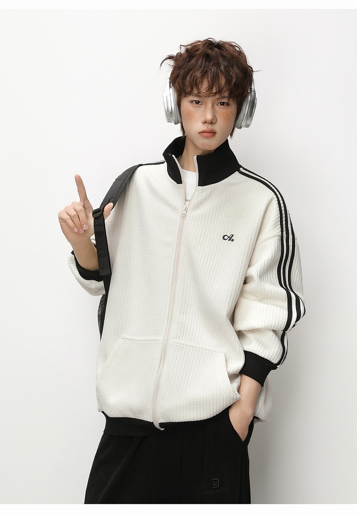 メンズ ストライプ ジップアップスウェット 春用 立ち襟 ゆったり スポーツカジュアル アウター★全2色