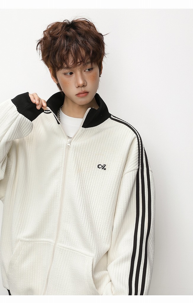 メンズ ストライプ ジップアップスウェット 春用 立ち襟 ゆったり スポーツカジュアル アウター★全2色