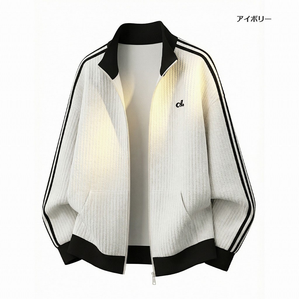 メンズ ストライプ ジップアップスウェット 春用 立ち襟 ゆったり スポーツカジュアル アウター★全2色