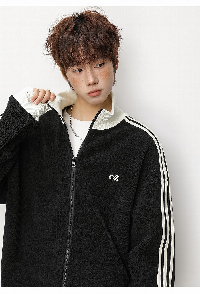 メンズ ストライプ ジップアップスウェット 春用 立ち襟 ゆったり スポーツカジュアル アウター★全2色