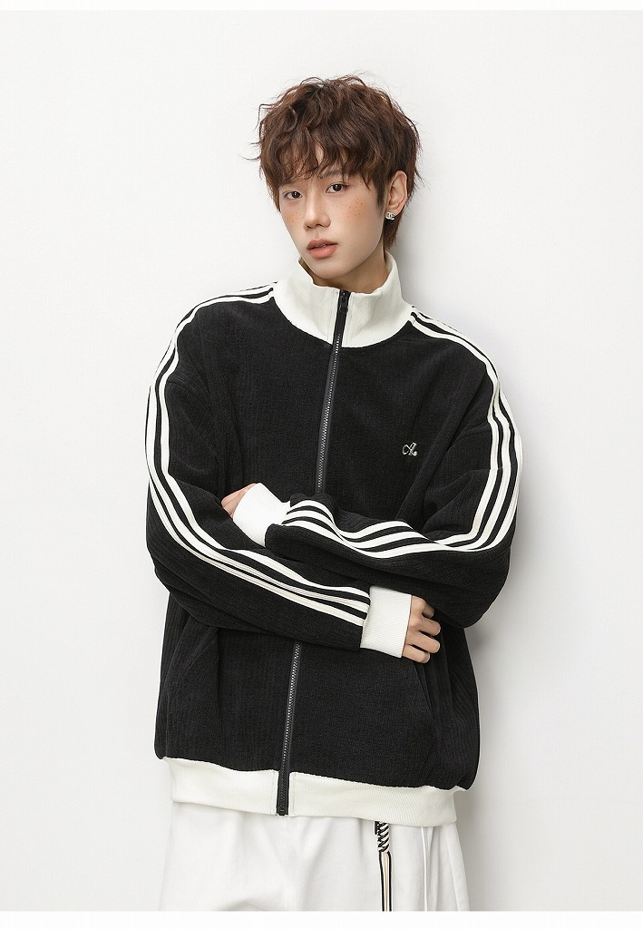 メンズ ストライプ ジップアップスウェット 春用 立ち襟 ゆったり スポーツカジュアル アウター★全2色