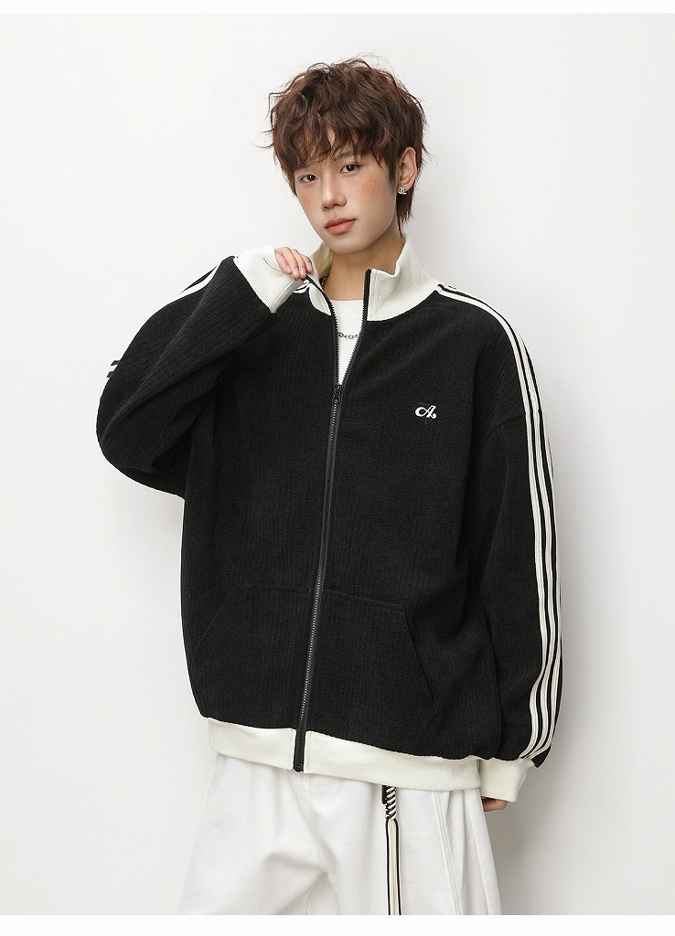 メンズ ストライプ ジップアップスウェット 春用 立ち襟 ゆったり スポーツカジュアル アウター★全2色