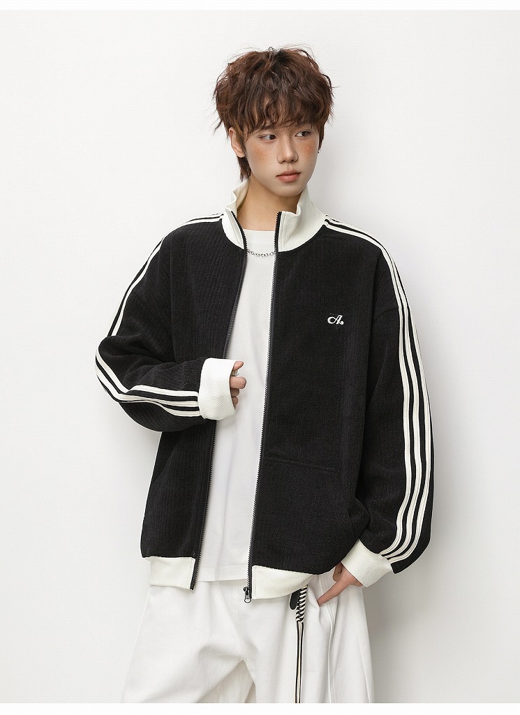 メンズ ストライプ ジップアップスウェット 春用 立ち襟 ゆったり スポーツカジュアル アウター★全2色