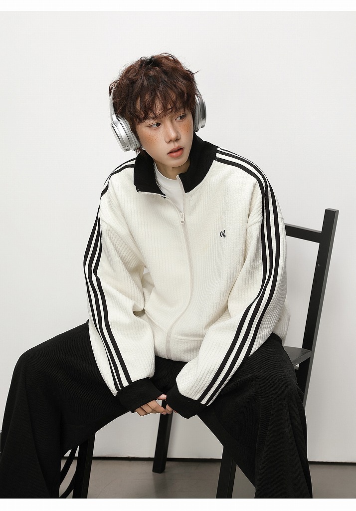 メンズ ストライプ ジップアップスウェット 春用 立ち襟 ゆったり スポーツカジュアル アウター★全2色