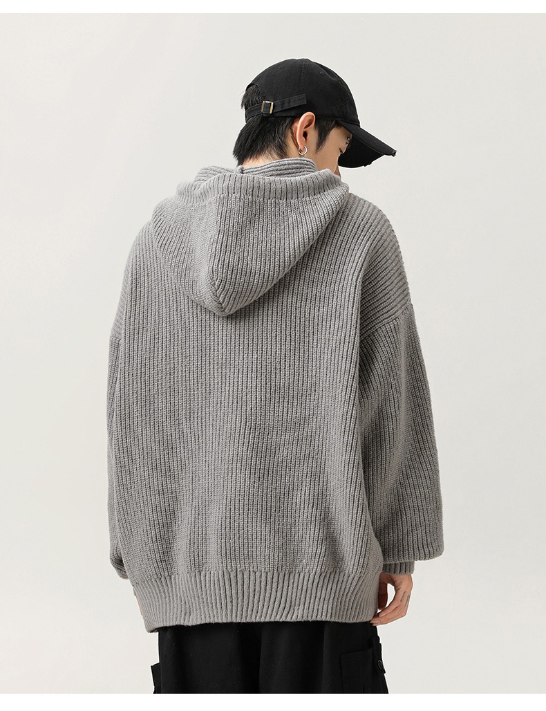 メンズ 秋冬 ゆったりシルエット 無地フード付きニットパーカー カジュアルリラックスウェア★全4色