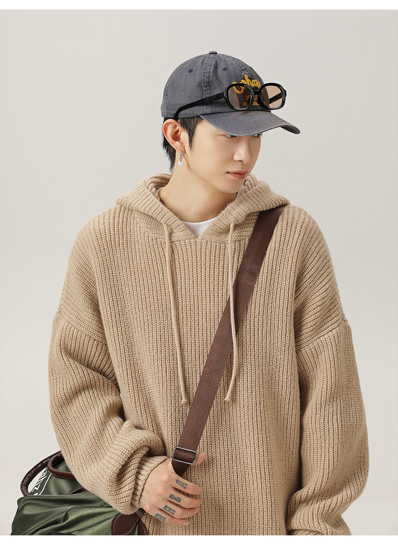 メンズ 秋冬 ゆったりシルエット 無地フード付きニットパーカー カジュアルリラックスウェア★全4色