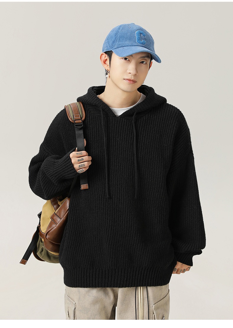 メンズ 秋冬 ゆったりシルエット 無地フード付きニットパーカー カジュアルリラックスウェア★全4色