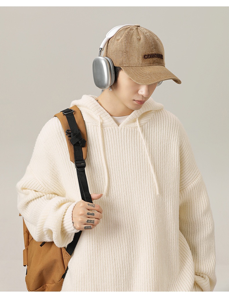 メンズ 秋冬 ゆったりシルエット 無地フード付きニットパーカー カジュアルリラックスウェア★全4色