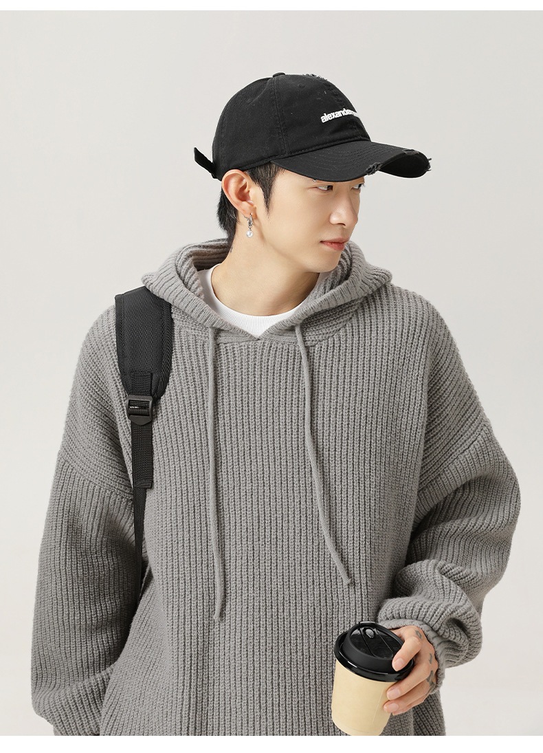 メンズ 秋冬 ゆったりシルエット 無地フード付きニットパーカー カジュアルリラックスウェア★全4色