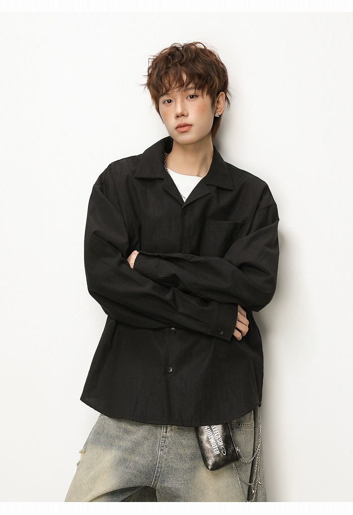 メンズ シワ感テクスチャー リネン風 長袖シャツ 春用 オールドマネー風 カジュアル シャツアウター★全2色