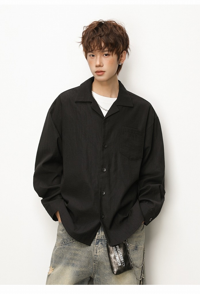 メンズ シワ感テクスチャー リネン風 長袖シャツ 春用 オールドマネー風 カジュアル シャツアウター★全2色
