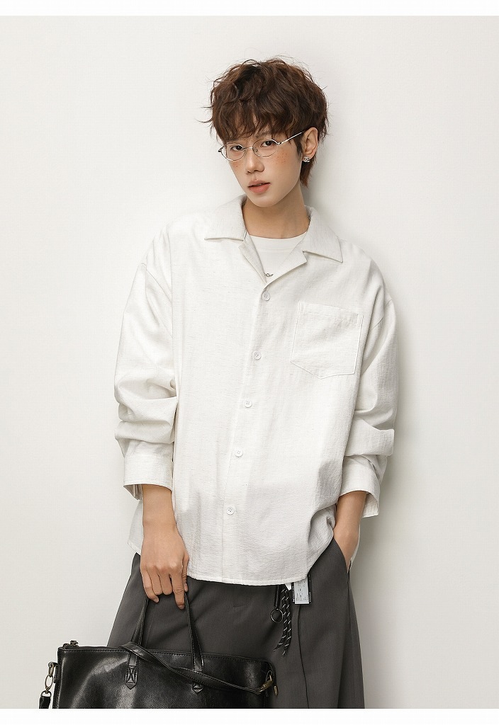 メンズ シワ感テクスチャー リネン風 長袖シャツ 春用 オールドマネー風 カジュアル シャツアウター★全2色