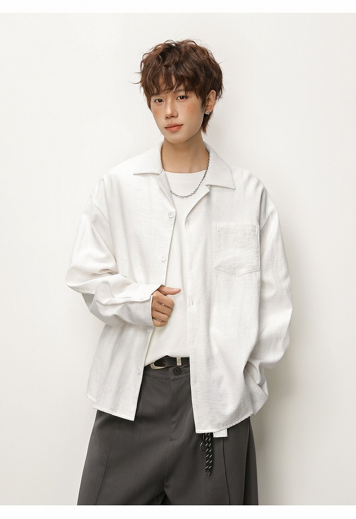 メンズ シワ感テクスチャー リネン風 長袖シャツ 春用 オールドマネー風 カジュアル シャツアウター★全2色