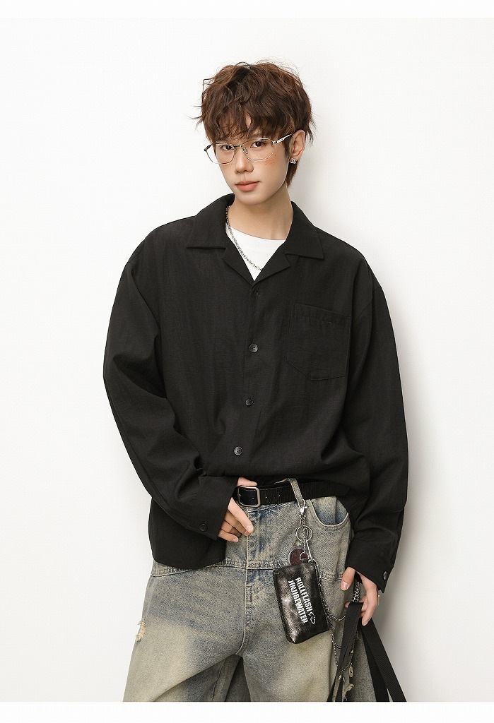 メンズ シワ感テクスチャー リネン風 長袖シャツ 春用 オールドマネー風 カジュアル シャツアウター★全2色