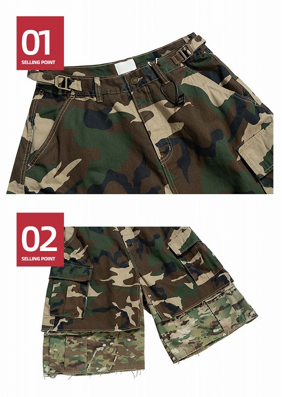 メンズ 偽二枚 迷彩柄 ワーク風 七分丈 パンツ 男女兼用 ストリート系 ボトムス 春秋 2026新作★