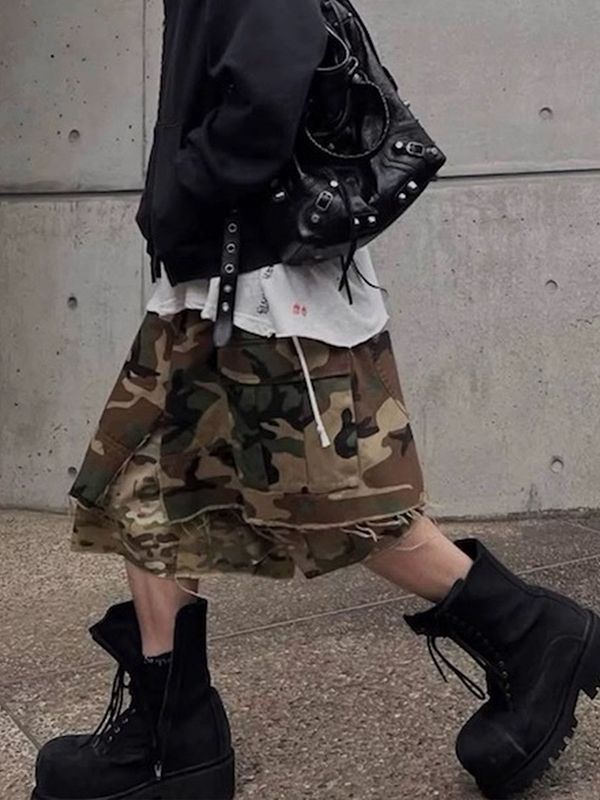 メンズ 偽二枚 迷彩柄 ワーク風 七分丈 パンツ 男女兼用 ストリート系 ボトムス 春秋 2026新作★