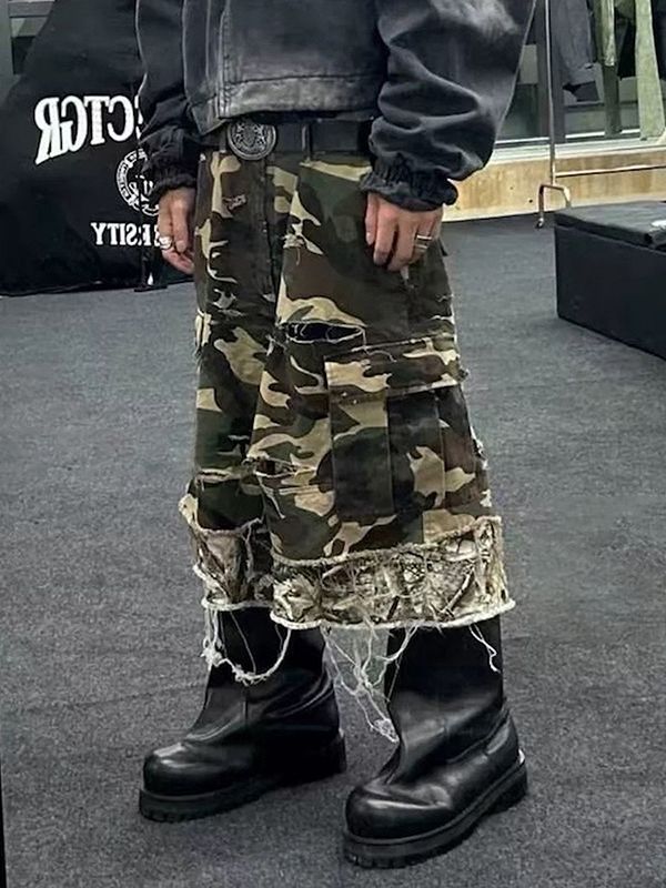 メンズ 偽二枚 迷彩柄 ワーク風 七分丈 パンツ 男女兼用 ストリート系 ボトムス 春秋 2026新作★