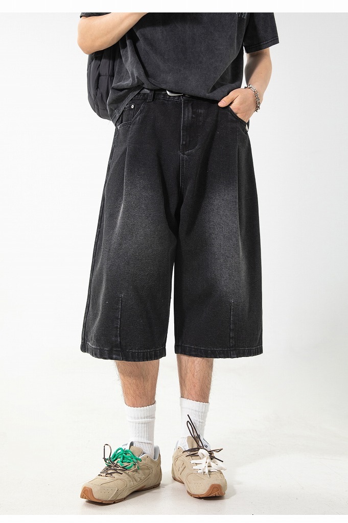 メンズ ストレート七分デニムパンツ 夏 ヴィンテージウォッシュ レトロ ワイド ハーフパンツ★全2色