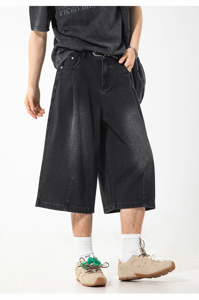 メンズ ストレート七分デニムパンツ 夏 ヴィンテージウォッシュ レトロ ワイド ハーフパンツ★全2色