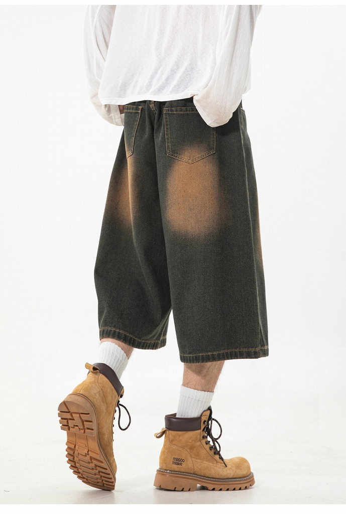 メンズ ストレート七分デニムパンツ 夏 ヴィンテージウォッシュ レトロ ワイド ハーフパンツ★全2色