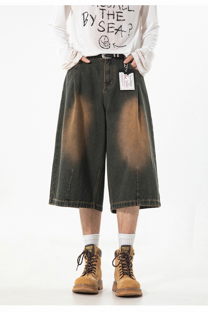 メンズ ストレート七分デニムパンツ 夏 ヴィンテージウォッシュ レトロ ワイド ハーフパンツ★全2色