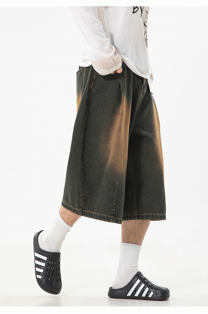 メンズ ストレート七分デニムパンツ 夏 ヴィンテージウォッシュ レトロ ワイド ハーフパンツ★全2色