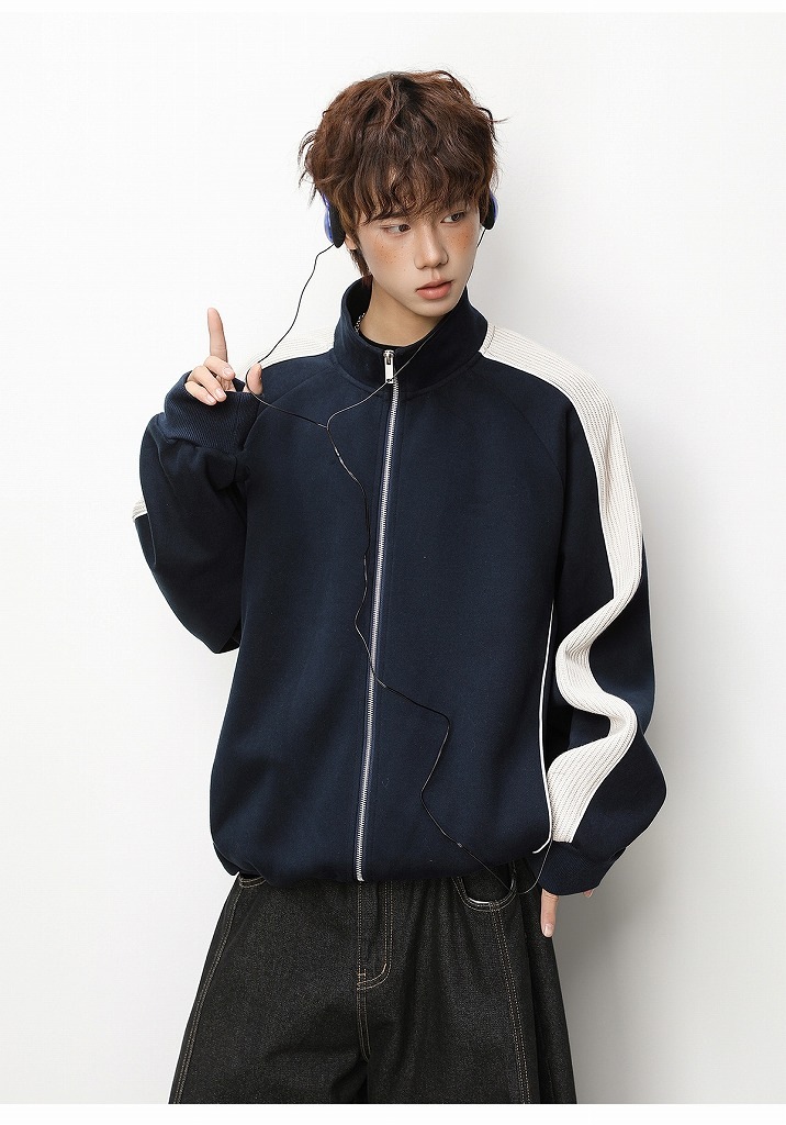 メンズ 立ち襟 ジップアップ スウェット 春新作 ラグランスリーブ カジュアル アウター トレーナ★全2色